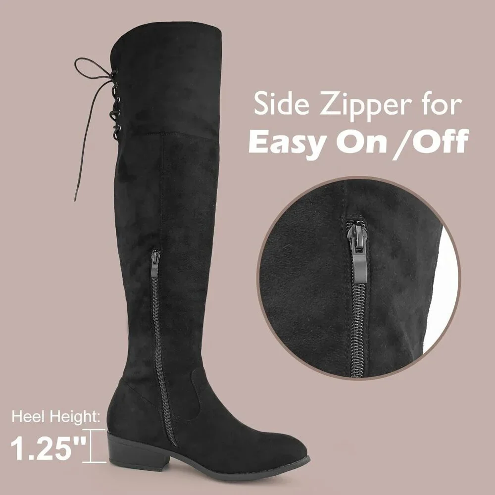 Women's Black Faux Suede Thigh High Over The Knee Black Low Flat Heel Boots